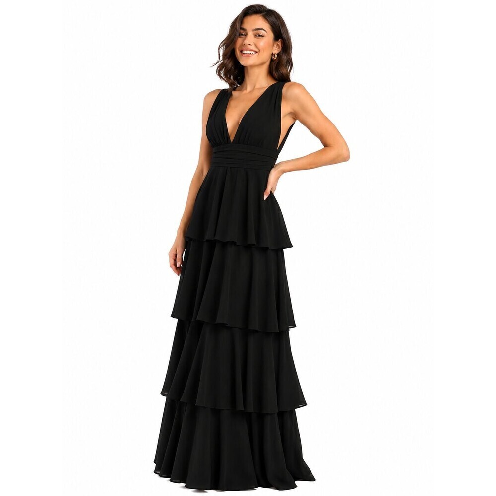 Lulus Amazing Evening Maxi Dress Medium Black Tiered Formal Elegant Party NEW